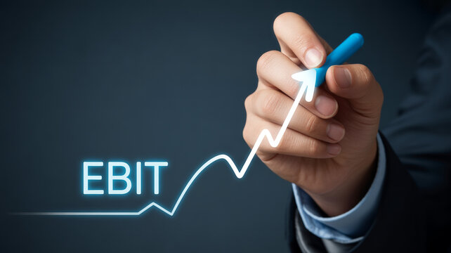 Businessman drawing increasing ebit graph with blue marker on dark background