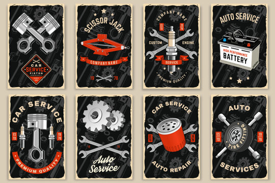 Vintage Garage Poster Bundle with Automotive Repair, Car Service, Battery, Piston, Gear, Shock Absorber and Scissor Jack. Retro vector Auto Workshop Vector Collection