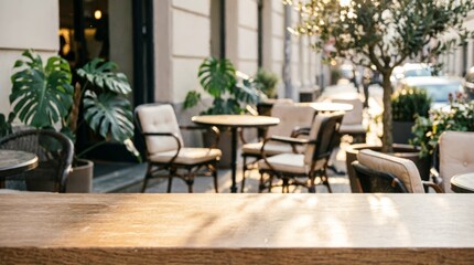Fototapeta premium Outdoor Café Terrace with Plants and Wooden Table for Lifestyle Design