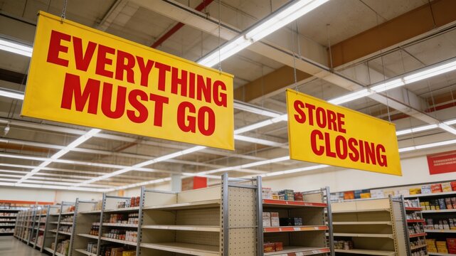 A store with empty shelves and signs indicating everything must go due to store closing, with a focus on commercial and retail themes.