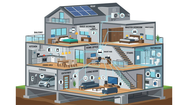 Isometric view of a multi-level smart house cutaway, highlighting interconnected rooms, a central smart hub, and various home automation devices, presented in a neutral color schem
