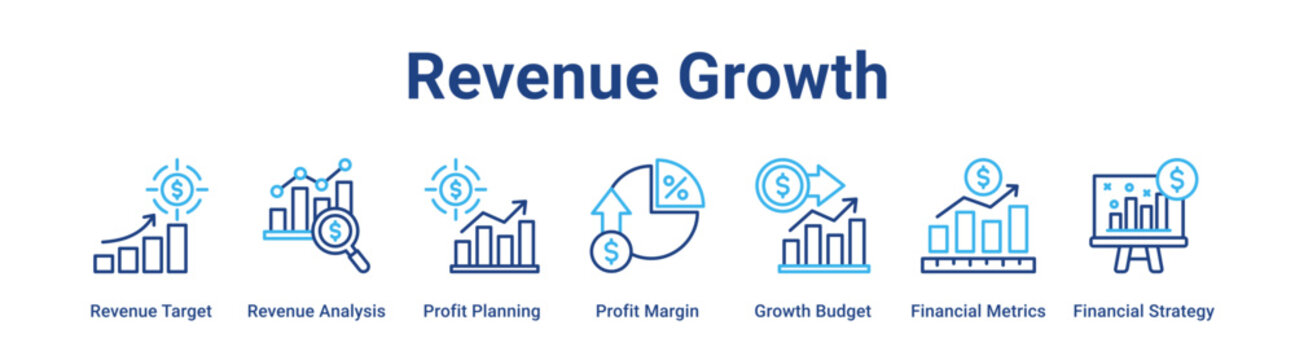 Revenue Growth web banner icon vector illustration concept for business with icon of Revenue Target, Revenue Analysis, Profit Planning, Profit Margin, Growth Budget, Financial Metrics.
