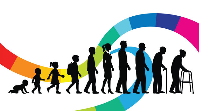 Vector illustration of human life cycle showing growth stages from babyhood to old age silhouette