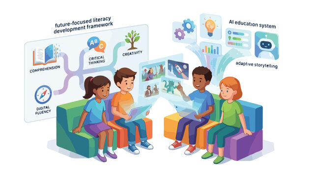 Children engaging with AI education system and adaptive storytelling for future-focused literacy development framework fostering comprehension critical thinking creativity and digital fluency