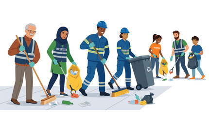 Fototapeta premium A diverse team of volunteers works together to clean up litter from a paved urban sidewalk using brooms and waste bags in a bright daylight setting.