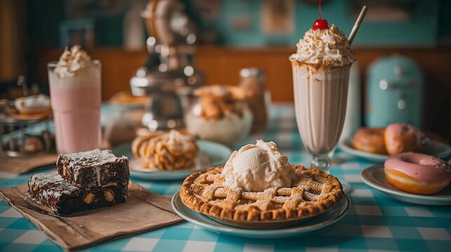 Classic American dessert table featuring apple pie, brownies, donuts, and milkshakes in a warm diner setting with nostalgic retro charm and cinematic food styling.