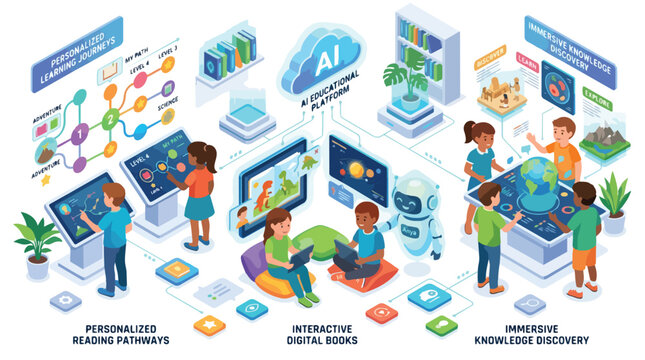 AI Powered Educational Platform for Personalized Learning Journeys and Immersive Knowledge Discovery with Interactive Digital Books for Children in a Modern Classroom Setting