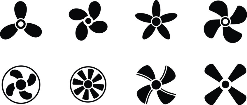 Eight black fan blade icons set air conditioning ventilation cooling system graphics