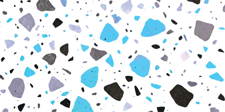 Abstract terrazzo pattern with blue and grey stone chips on a simple surface
