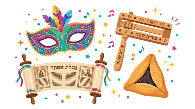 A decorative Venetian style mask is positioned near a wooden grogger and an open scroll featuring illustrated royal figures and Hebrew text on a light background.