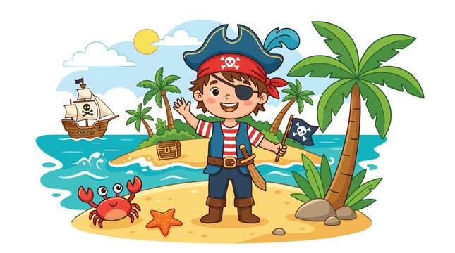 A young child in a pirate costume with an eye patch waves a hand on a sandy tropical beach near a wooden ship and palm trees under a bright sun.