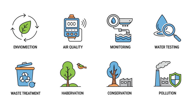 Environmental Icons: Air Quality, Water Testing, Pollution, Waste Treatment & More