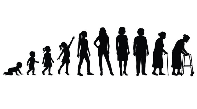 Black vector illustration showing the human life cycle progression from infancy through to old age