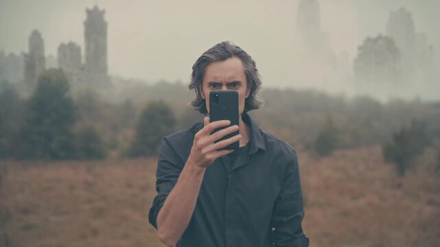 Post-apocalyptic man taking selfie in foggy abandoned city, somber mood, lost connection and civilization