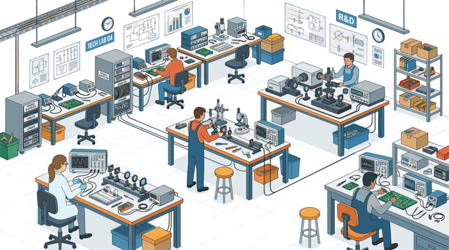 Professional scientists conduct technical research at various electronic workstations within a detailed, modern laboratory filled with specialized testing equipment.