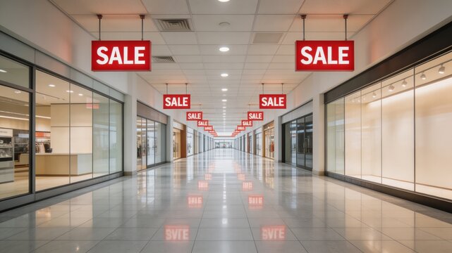 A photograph of a long, empty shopping mall corridor with multiple sale signs hanging from the ceiling, surrounded by storefronts and glass windows, showcasing a modern and sleek retail space.