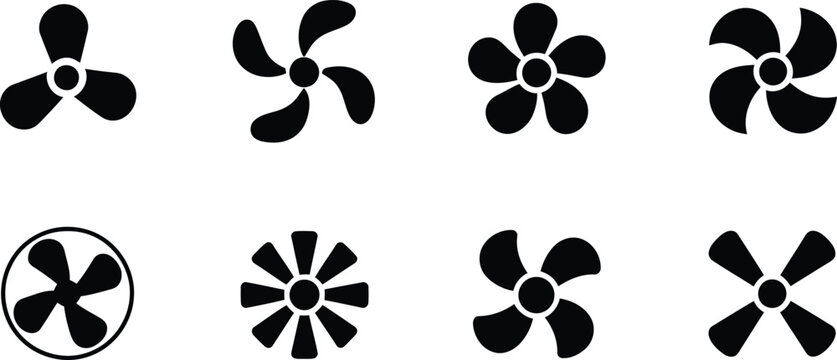 Eight black fan blade icons set isolated on white background vector illustration