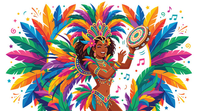 A woman in a vibrant feathered carnival costume performs with a tambourine while swirling colorful decorative feather elements surround her against a white backdrop.