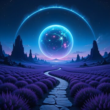 sci fi fantasy violet lavender field landscape with glowing blue alien planet in night sky