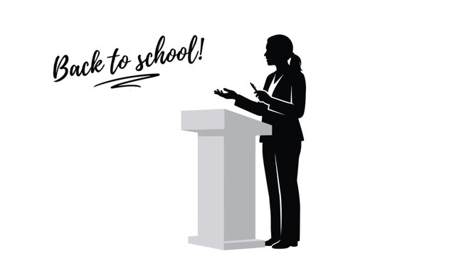 Professional woman standing at a podium delivering an educational speech in this black vector illustration