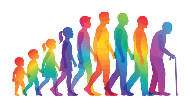 Colorful vector illustration showing the human life cycle progression from infancy to old age stages