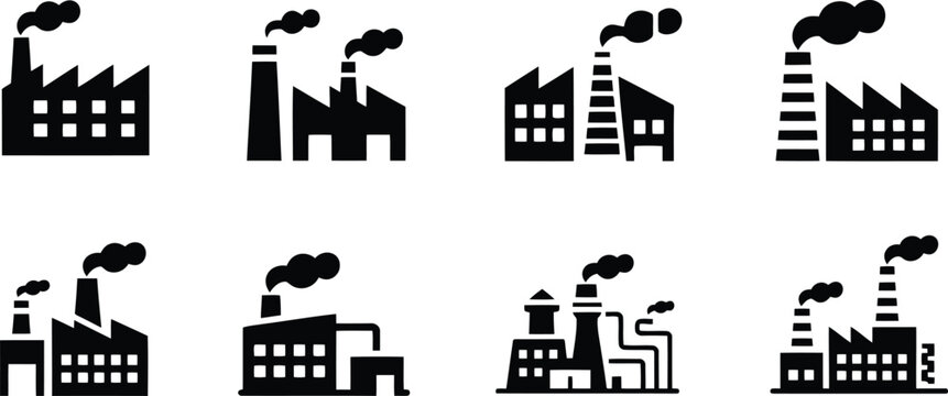 Industrial factory building icons with smoke stacks