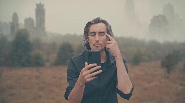 Post-apocalyptic man squinting to see, lost in abandoned city, foggy ruins, no signal, collapse of civilization