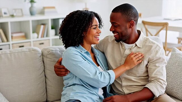 Smiling couple embracing on couch