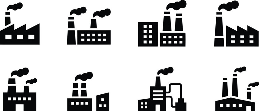 Industrial factory building icons with smoke stacks