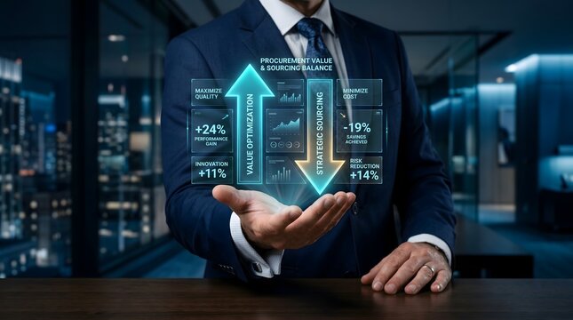 Corporate executive presenting holographic strategic sourcing and procurement value balance dashboard illustrating cost reduction and performance growth
