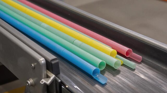 Colorful Straws Being Sorted on a Conveyor Belt