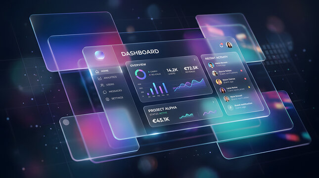 Futuristic glassmorphism dashboard ui with glowing charts and graphs on dark abstract background