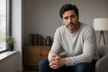 Fototapeta premium Thoughtful man leaning forward on table olive green shirt contemplative smile warm cafe interior