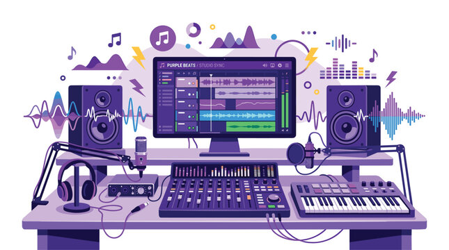 A desktop computer screen displaying audio wave editing software sits on a studio workstation with a MIDI keyboard and professional speakers in a vibrant purple scene.