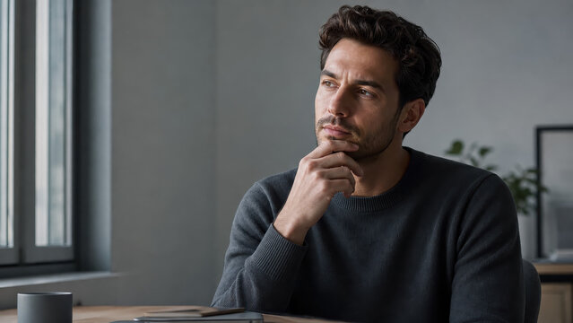 Young man thinking pose hand on chin contemplative serious expression dark grey shirt looking away