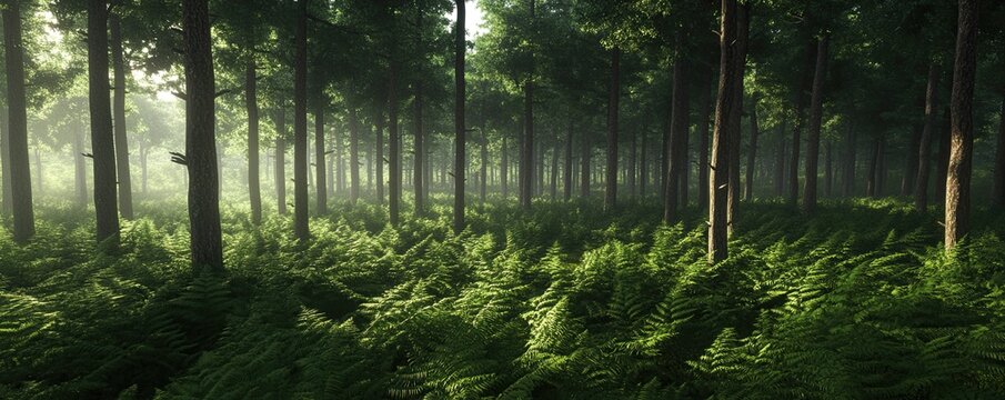 A dense forest filled with tall, straight trees and a thick carpet of green ferns below, 