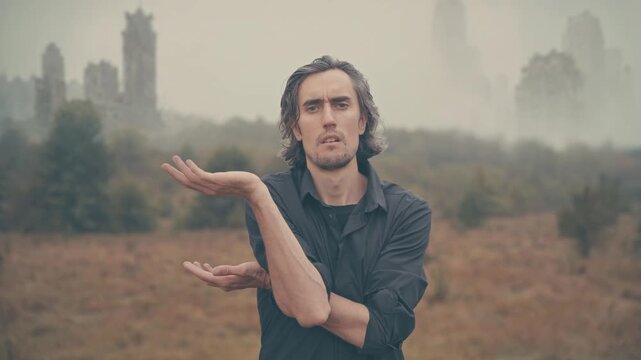 Man lost in post-apocalyptic world, confused gestures in foggy abandoned city, showcases disorientation, loss of connection and collapse of civilization