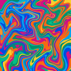 Obraz premium Dynamic liquid marble background bursting with vibrant primary and secondary colors including bold blue, fiery orange, electric green, bright yellow, and intense magenta in energetic swirls.