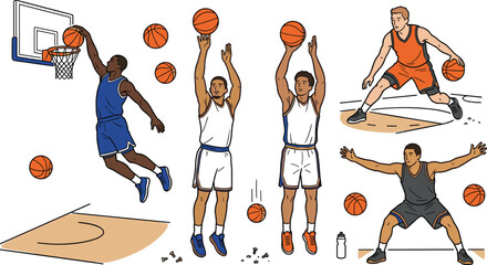 Basketball Training and Action Illustration Collection Featuring Dunking, Shooting, Dribbling, Defensive Stance, and Athlete Workout Vector Designs © MstShahida