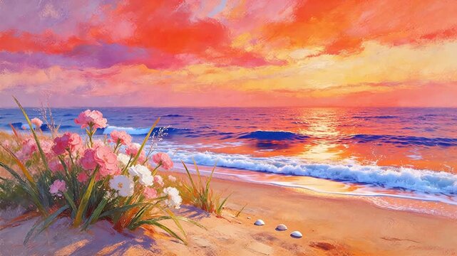 Beach sunset with flowers and shells