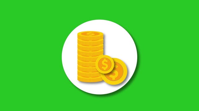 Animation of a stack of coins icon on a green background in a flat design. 4K