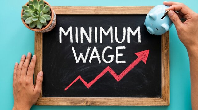 Minimum wage increase concept on chalkboard, financial growth with piggy bank and rising red arrow, economic policy and salary raise