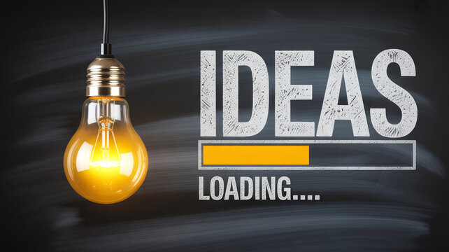 Glowing light bulb with 'ideas loading' text on dark background
