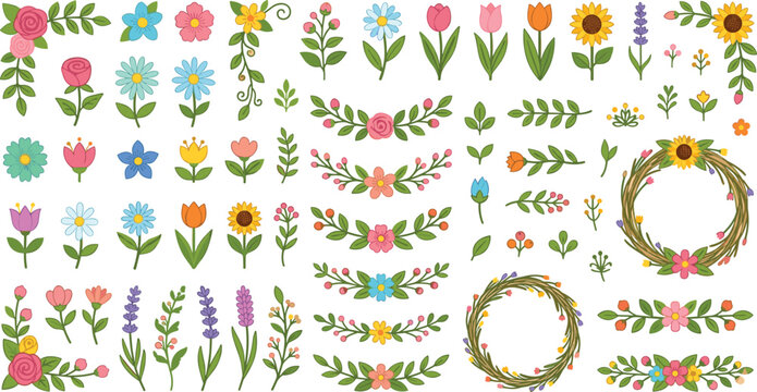 Spring flower mega collection set with floral bouquet frame border wreath leaf element vector layout.