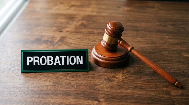 Probation sign with judge gavel on wooden desk, legal justice system concept, court hearing for parole and sentencing