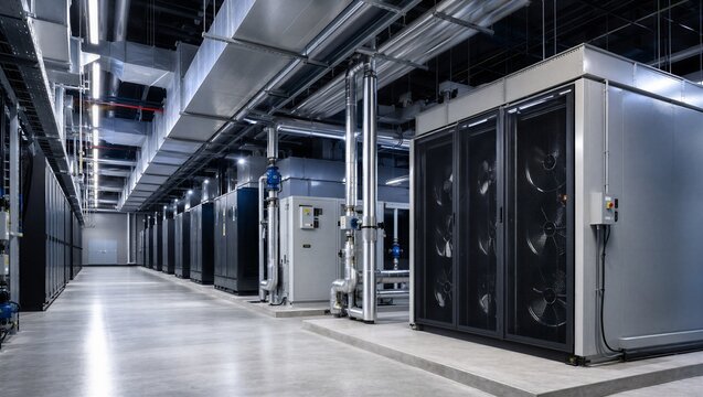 Modern data center cooling infrastructure with powerful industrial HVAC systems. Large computer room with ventilation pipes and server cooling units for heat regulation and hardware safety.