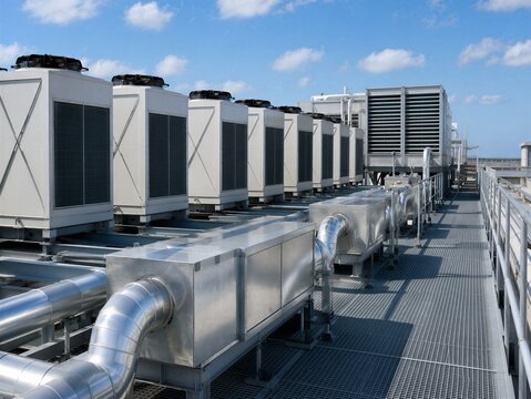 Industrial air conditioning units on data center roof. Infrastructure for server cooling system. Climate control technology equipment for facility ventilation and thermal management.