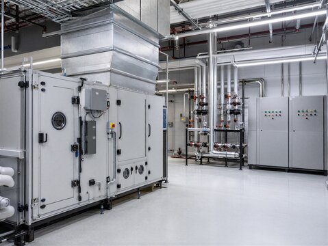Industrial HVAC system in modern data center cooling unit. Large ventilation equipment with metal pipes and control panel. Infrastructure for server room temperature control and climate.