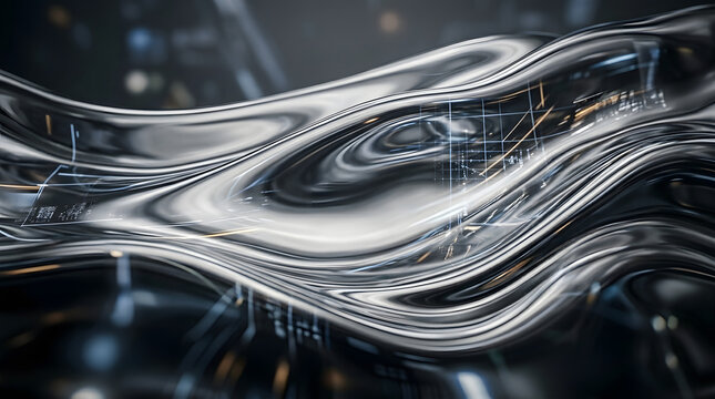 Abstract liquid metal wave with digital tech grid futuristic chrome fluid background with glowing data patterns