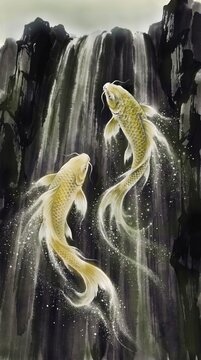 two koi fish swimming up a waterfall，traditional Japanese sumi-e ink painting,